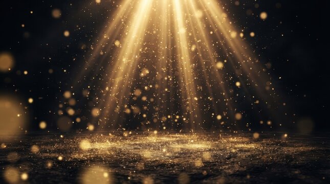 Merry Christmas Golden stage spotlight shining down on a dark textured floor with floating dust particles for Merry Christmas Day event render