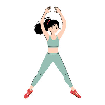 Young Woman Doing Jumping Jacks Exercise, Full Body Cardio Workout and Healthy Fitness Routine Flat Cartoon Illustration