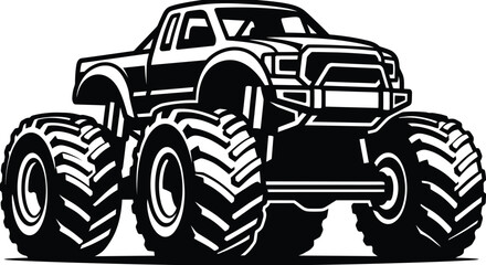 Black and white vector illustration sketch of an off-road monster truck with huge tires. © MSTGD