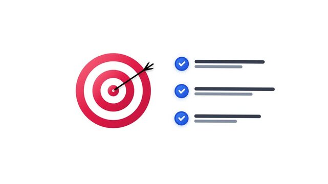 Professional corporate strategy graphic with red bullseye dartboard and completed task list, target achievement checklist and achieving business goals for modern planning