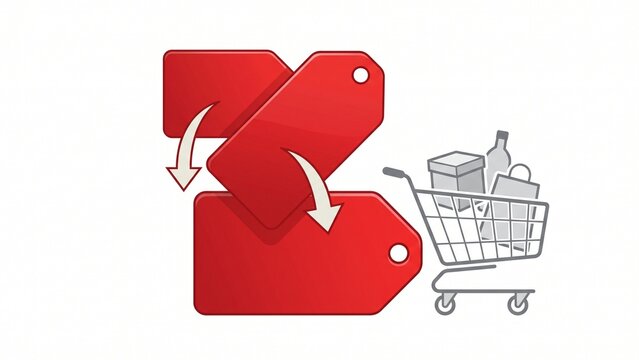 Red Price Reduction Tags with Downward Arrows and Shopping Cart Concept Vector Illustration