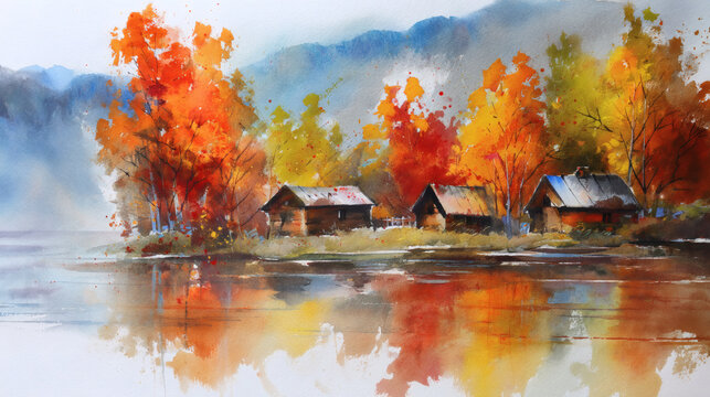 Colorful watercolor landscape of red and gold autumn trees beside small cottages and a calm mountain lake, with soft reflections and misty blue hills.