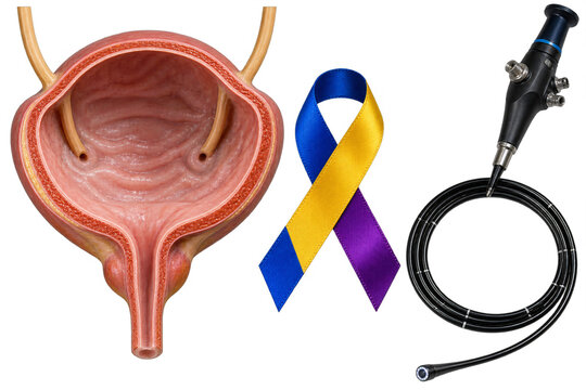 Anatomical bladder model next to a cystoscope and awareness ribbon. Early detection and urological cancer awareness symbol. World Cancer Day medical diagnostic concept and support.