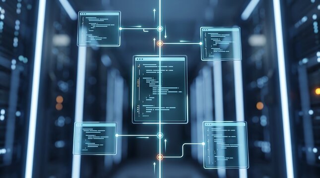 Data management workflow showing centralized processing node with distributed interface windows in a server room environment representing enterprise information systems and cloud connectivity