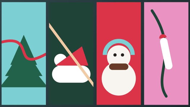 Abstract Wavy Holiday Cards with Christmas Tree, Santa Hat, Snowman, Garland and Candy cane Background Poster video Template