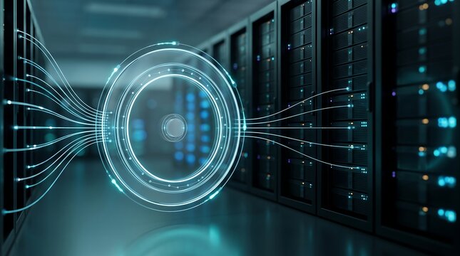 Conceptual visualization of server room with glowing circular data hub and light lines representing high speed network traffic and digital information management infrastructure