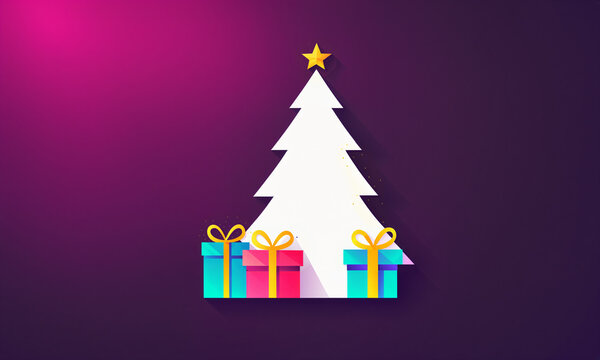 white layered christmas tree with yellow star on top and three colorful gift boxes with yellow bows on purple pink gradient background