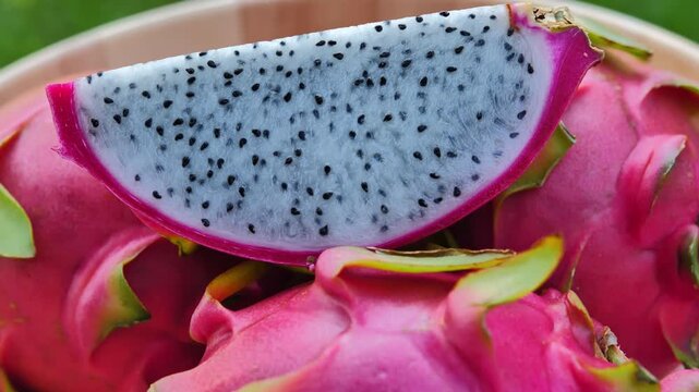 Ripe dragon fruit  in a bowl under natural light	