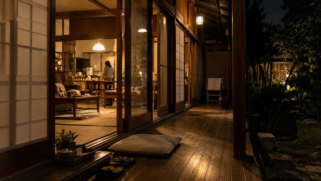 Traditional Japanese House and Engawa at Night