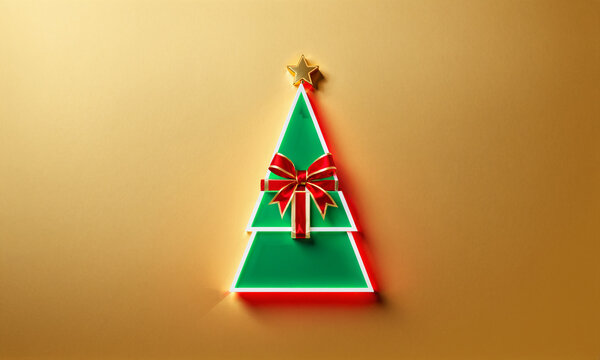green christmas tree with white outline red neon glow large red ribbon bow gift in center and gold star on top against gold background