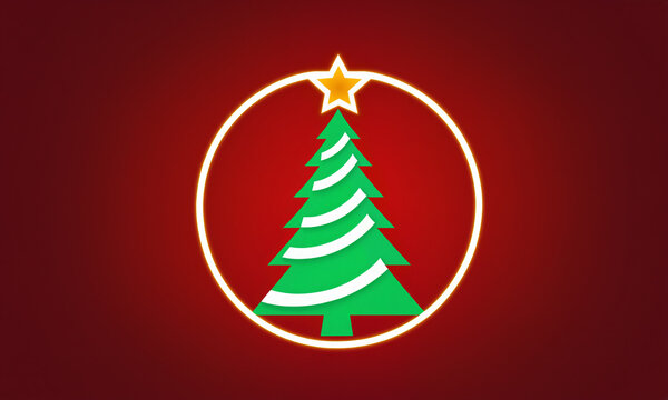 green christmas tree with white curved stripes gold star inside glowing white circle against solid red background