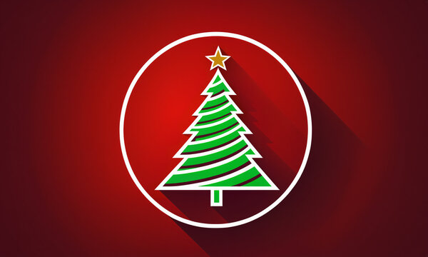 green christmas tree with white horizontal stripes gold star inside white circle with long shadow against solid red background