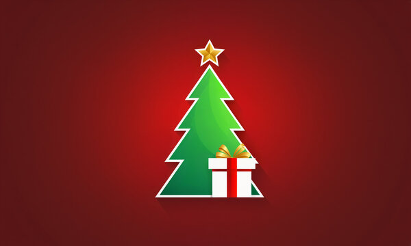 solid green christmas tree with white outline gold star and white gift box with red ribbon gold bow at base against red background