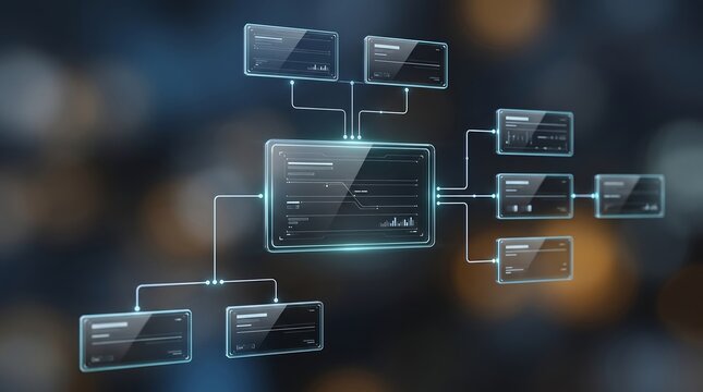 Hierarchical data structure diagram with glowing holographic information nodes and connection lines on a dark background representing organizational charts and database management systems