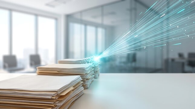 Digital transformation concept showing glowing light streams emerging from a stack of paper documents to visualize automated data extraction and modern cloud uploading processes