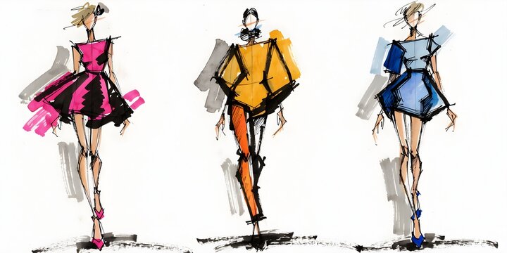 Colorful fashion illustration of three female models wearing bold pink yellow and blue contemporary outfits