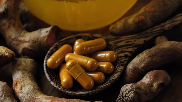 Turmeric capsules made from turmeric extract, presented as a natural herbal supplement and traditional herbal product	