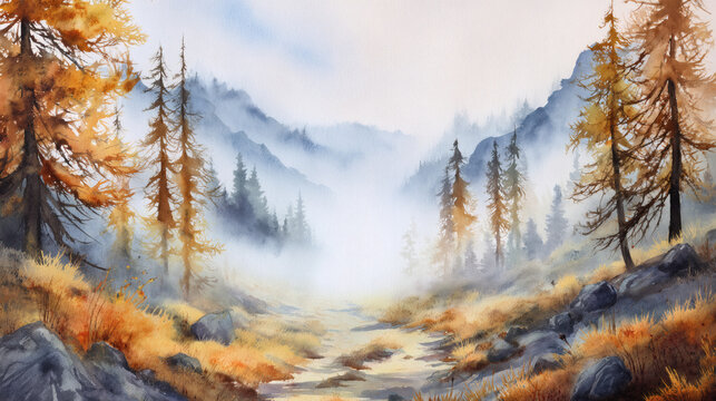 Warm autumn forest landscape with golden trees, dark pine trees, rocky trail, misty valley and distant granite mountain in a peaceful painted scene