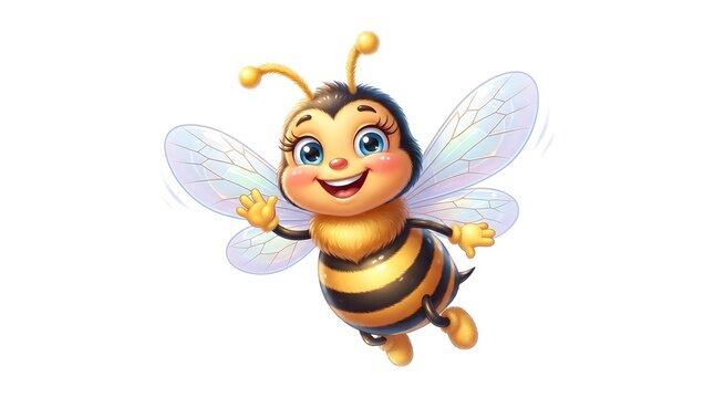 Cute cartoon bee character smiling and waving hello, flying happily on a clean white background
