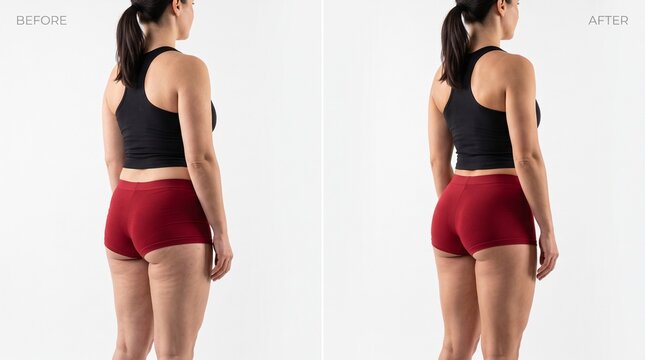 Woman in red shorts demonstrating proper posture from side view comparison