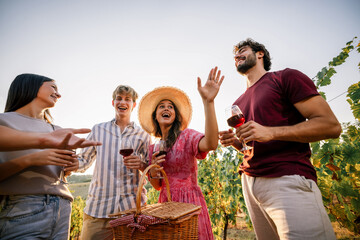 Obraz premium Joyful friends looking down and waving glasses of wine at vineyard picnic