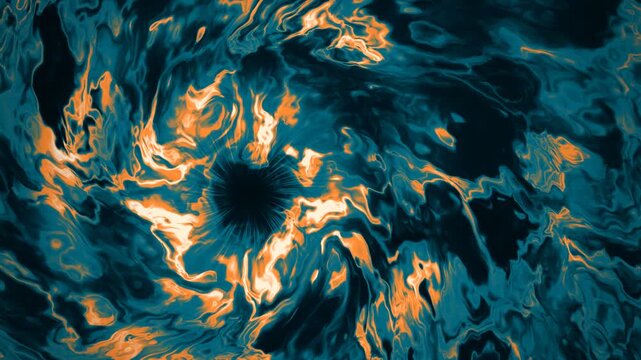 Abstract swirling vortex of teal and orange colors with a dark center, representing cosmic energy or fluid dynamics