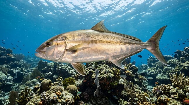 A large amberjack fish swims gracefully over a vibrant coral reef in clear blue ocean water with sunlight filtering from above.