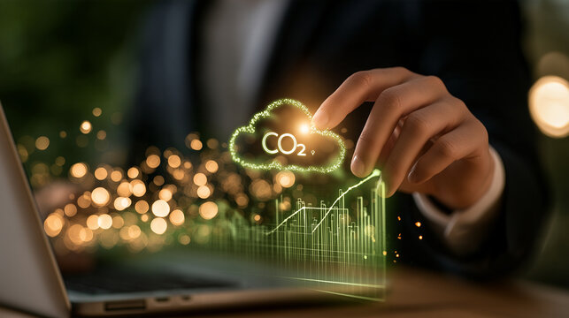 Carbon Footprint Calculation: A hand interacts with a digital interface showing a CO2 cloud icon above a rising green graph, symbolizing environmental impact and climate change data analysis.