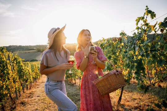 Two young women having fun and chatting at vineyard sunset picnic