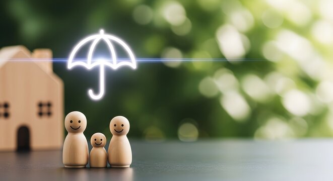 Secure Family Future wooden peg dolls family under glowing umbrella icon with house model on bokeh background ideal for life insurance and financial planning.