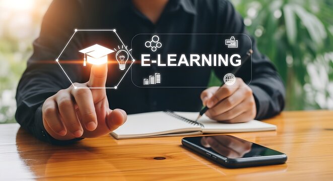 Digital Education Concept featuring a man touching a virtual e-learning interface with a graduation cap icon while writing in a notebook, ideal for online course marketing and edtech blogs.