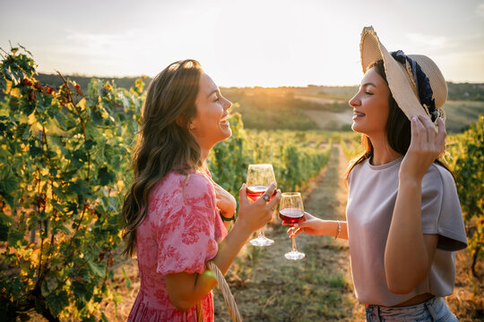 Two smiling women chatting face to face with wine in sunlit vineyard