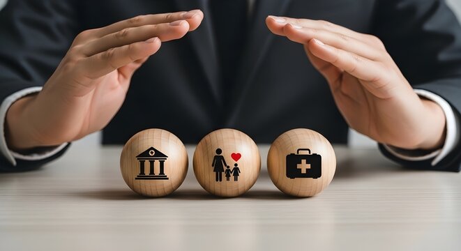 Comprehensive Life Protection businessman hands sheltering wooden balls with family health and finance icons ideal for insurance marketing and financial planning services.