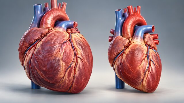 AI generated anatomical comparison of a normal human heart and an enlarged hypertrophic heart on a clean background