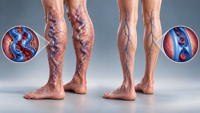 AI generated medical illustration comparing healthy legs with varicose veins and damaged venous valves