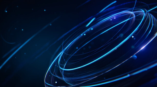 Glowing blue light trails form a circular ring on a dark background, creating a futuristic abstract motion effect with space for text.