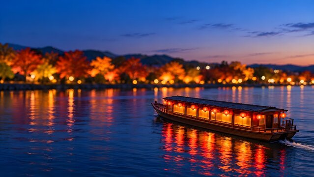 紅葉の岸辺を進む屋形船 秋の宵の川と提灯の灯りの日本の情景