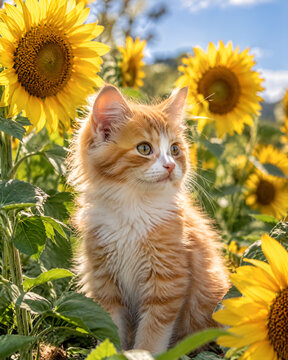 Cute fluffy ginger cat sitting outdoors in bright vibrant sunflower field sunny day nature portrait background for vertical smartphone lockscreen wallpaper and mobile background