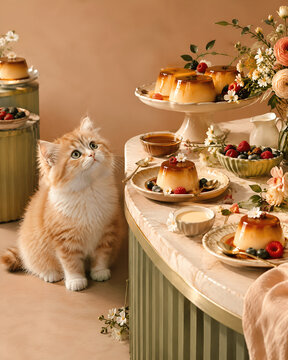 Charming ginger kitten sitting on kitchen counter next to caramel flan custard pudding sweet desserts warm cozy lighting background for vertical smartphone wallpaper screen lockscreen