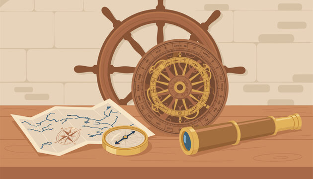 Nautical navigation instruments including ship wheel astrolabe old map compass and spyglass telescope.