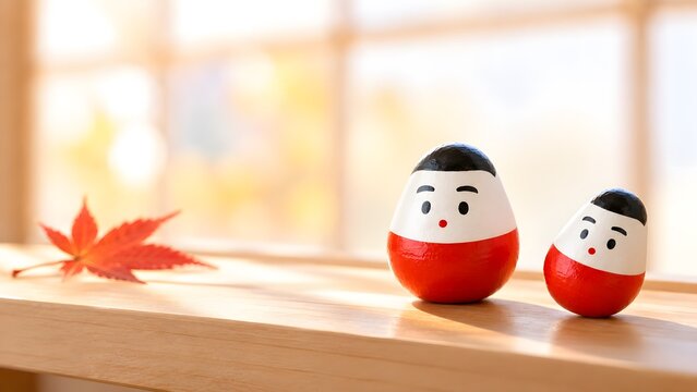白木の棚に飾った会津の起き上がり小法師 もみじを添えた秋の縁起物