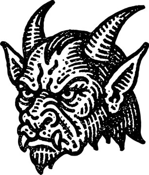 Horned Demon Head with Pointed Ears and Fangs, Vintage Woodcut Style Ink Illustration