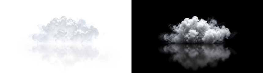 Obraz premium Cloud of puffy smoke resting on a reflective surface ideal for product displays in PNG Transparent and Black Background Versions