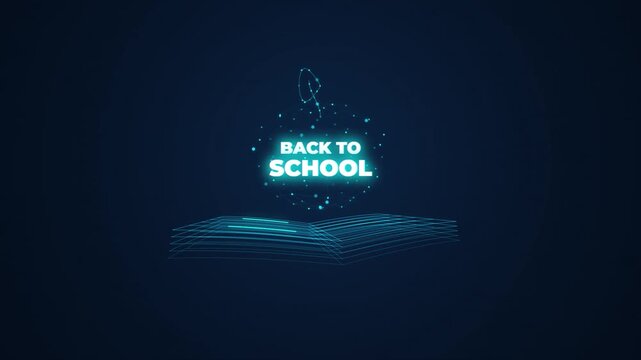 Back to School abstract technology concept - great for digital learning designs - Apple on book made of neural connections - abstract neon blue futuristic