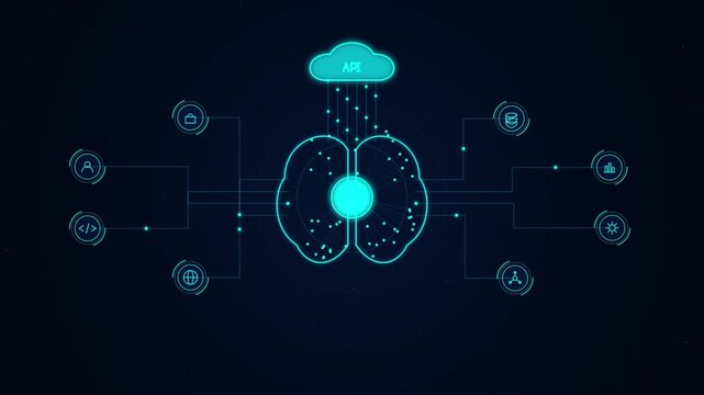 AI connects to API cloud and neural network - AI technology blue background in futuristic flat minimal line style