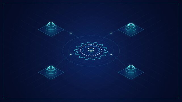 Agentic AI workflow diagram with multi agent system connected - minimal outline isometric technology infographic vector - white outline icons on blue background