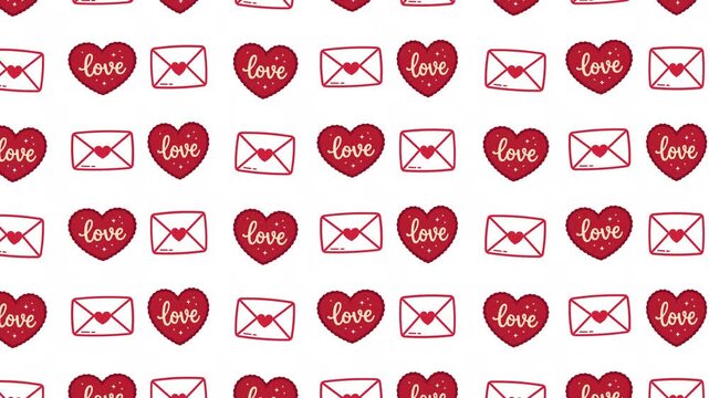 Love letter seamless pattern background with heart envelopes and love hearts rising motion loop