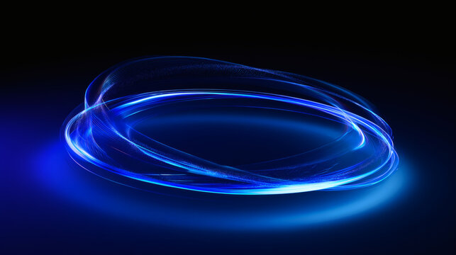 Glowing blue light trails form a circular ring on a dark background, creating a futuristic abstract motion effect with space for text.