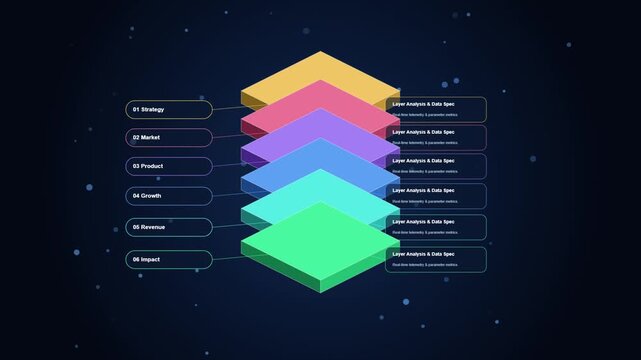 6 layer stack diagram template with space for your text - modern business technology slide infographic template for corporate presentations - colorful isometric blocks on blue background