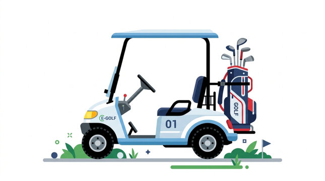 Golf cart vehicle carrying club bag vector illustration on white background
